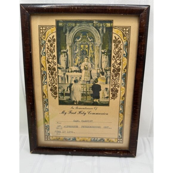 VINTAGE 1951 Catholic 1st Holy Communion Picture Certificate In Frame - Picture 3 of 7